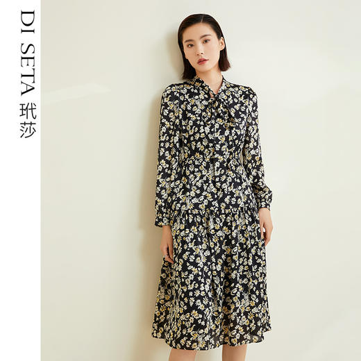 玳莎显瘦连衣裙女2022新款秋季优雅碎花长袖飘带设计感中长款裙子 CC35301 商品图0