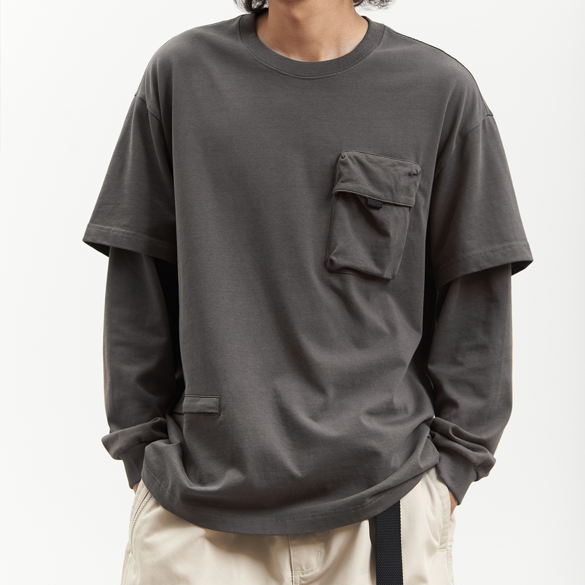 吃茶去chichaqu重磅宽松山系拉链口袋假两件长袖T恤