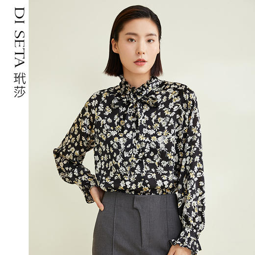 玳莎插肩袖印花衬衫女2022早秋新款飘带洋气小衫优雅立领雪纺上衣 CC31311 商品图0