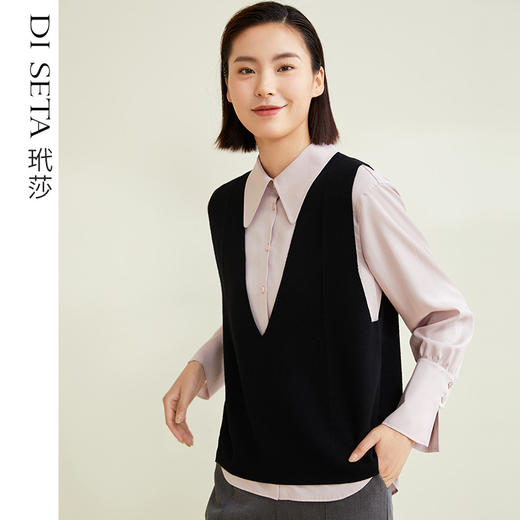 玳莎V领毛衫背心女初秋纯色宽松显瘦外穿无袖套头马甲上衣 CC33001 商品图0