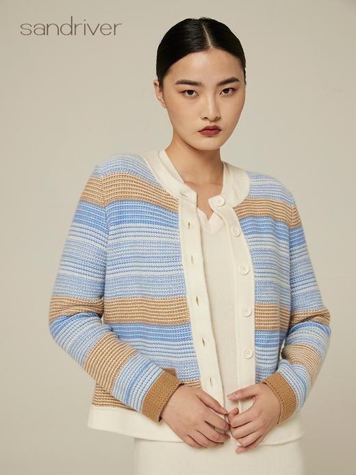 针梭相拼圆领提花夹条羊绒外套 SJF94W135K 商品图3