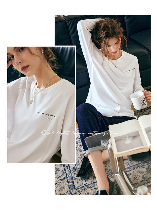OLrain法式白色长袖T恤女早秋2022新款宽松字母印花圆领打底上衣 商品图0