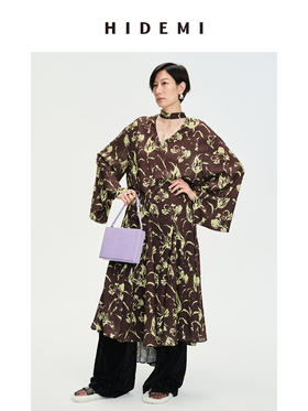 HIDEMI “我们做印花”系列限定棕绿色花卉镂空V领设计感三件套 连衣裙/衬衫/长裤