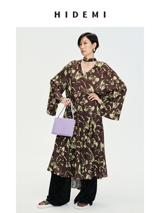 HIDEMI “我们做印花”系列限定棕绿色花卉镂空V领设计感三件套 连衣裙/衬衫/长裤 商品图0