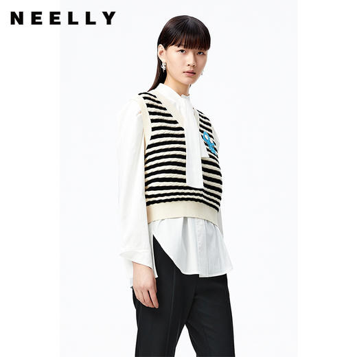 NEELLY纳俪商场同款条纹马甲女气质V领卡通刺绣修身针织衫马夹潮N22083A01101 商品图2