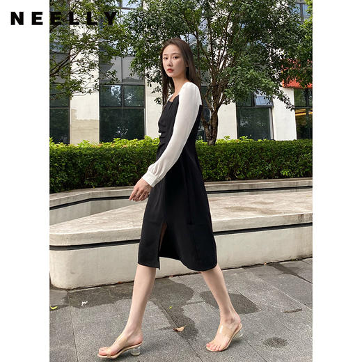 NEELLY纳俪商场同款秋季气质连衣裙女胸前压褶显瘦中长款下开叉裙N22074Y03304 商品图2