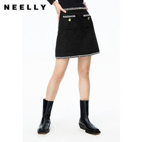 NEELLY纳俪商场同款半身裙女小香风撞色织带设计高腰毛呢A字裙秋N22083E01113