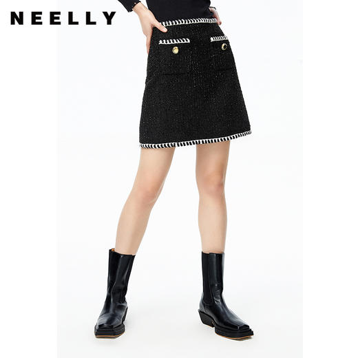 NEELLY纳俪商场同款半身裙女小香风撞色织带设计高腰毛呢A字裙秋N22083E01113 商品图0