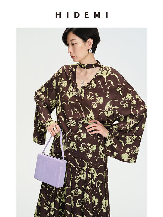 HIDEMI “我们做印花”系列限定棕绿色花卉镂空V领设计感三件套 连衣裙/衬衫/长裤 商品图5