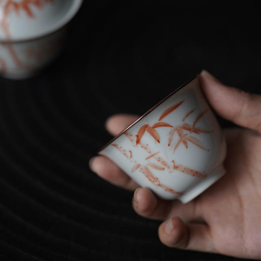 景德镇赋山堂 巩红斑竹铜口盖碗手绘诗文主人杯锔铜口泡茶碗新 商品图3