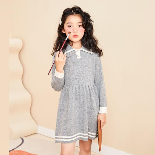 mettekids女童连衣裙春秋新款百褶公主裙中大童长袖纯羊绒裙子 商品图1