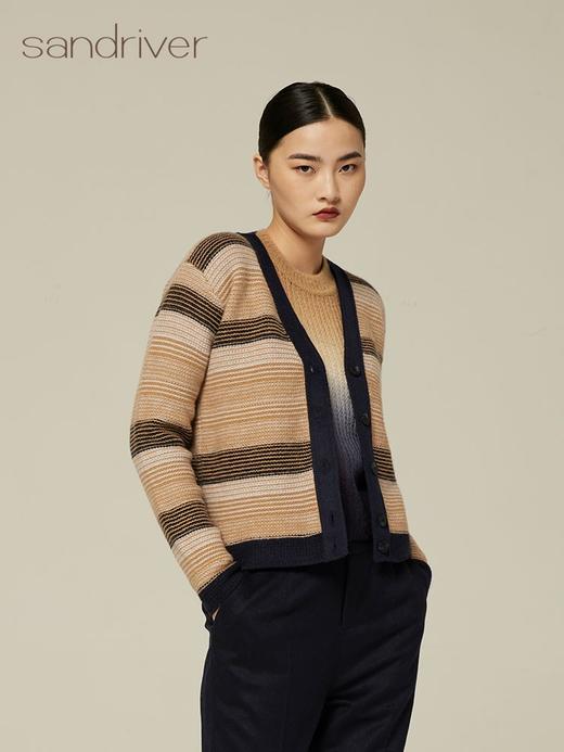 针梭相拼V领提花夹条羊绒外套 SJF94W299K 商品图1