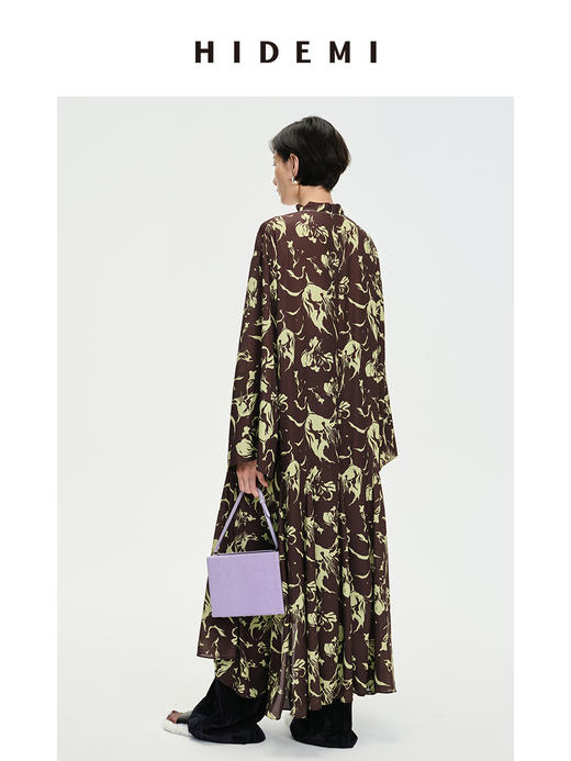 HIDEMI “我们做印花”系列限定棕绿色花卉镂空V领设计感三件套 连衣裙/衬衫/长裤 商品图9