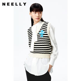 NEELLY纳俪商场同款条纹马甲女气质V领卡通刺绣修身针织衫马夹潮N22083A01101
