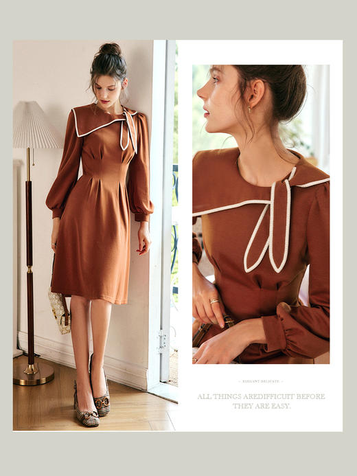 OLrain欧芮儿法式焦糖色长袖连衣裙女早秋2022新款不规则A字摆裙 商品图0