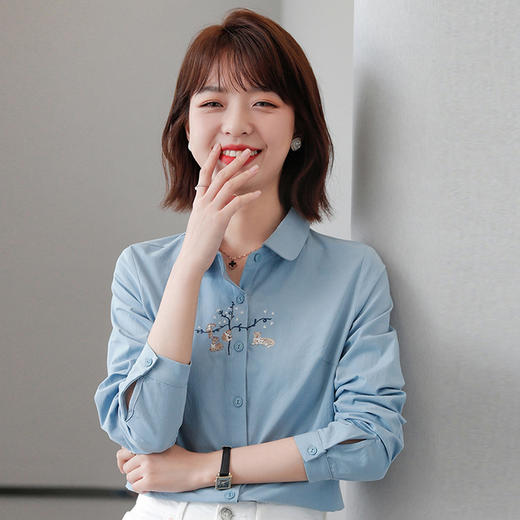 2022秋季新款清新文艺绣花长袖衬衣淑女简约OL职业上衣女衬衫 DL808 商品图3