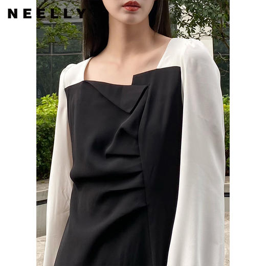 NEELLY纳俪商场同款秋季气质连衣裙女胸前压褶显瘦中长款下开叉裙N22074Y03304 商品图3