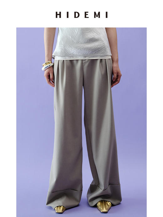 HIDEMI 简约设计感卷边直筒裤 灰色/藕粉色 商品图1