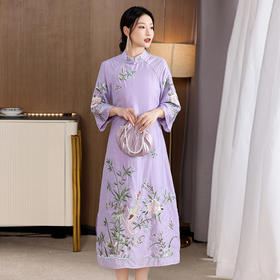 夏季新款女式中式花鸟刺绣天丝锦提花刺绣改良旗袍裙  LX22055