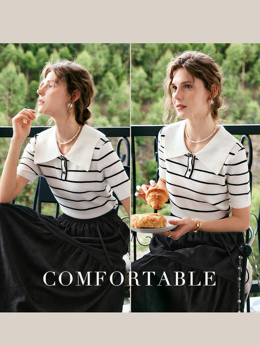 OLrain法式条纹针织衫女夏季2022年新款宽松显瘦薄款方领套头上衣 商品图2