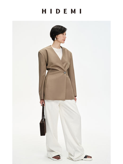HIDEMI 卡其色V领设计感一粒扣收腰式西装外套 商品图7