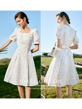 OLrain法式高级穿搭白色方领连衣裙女夏2022新款气质提花短袖裙子