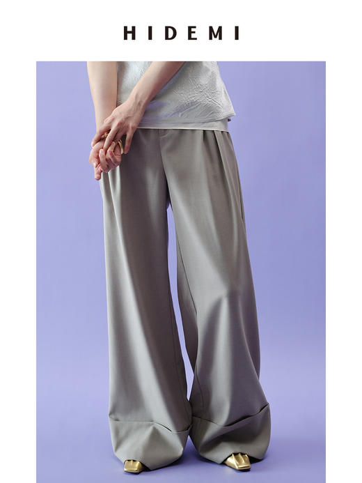 HIDEMI 简约设计感卷边直筒裤 灰色/藕粉色 商品图3