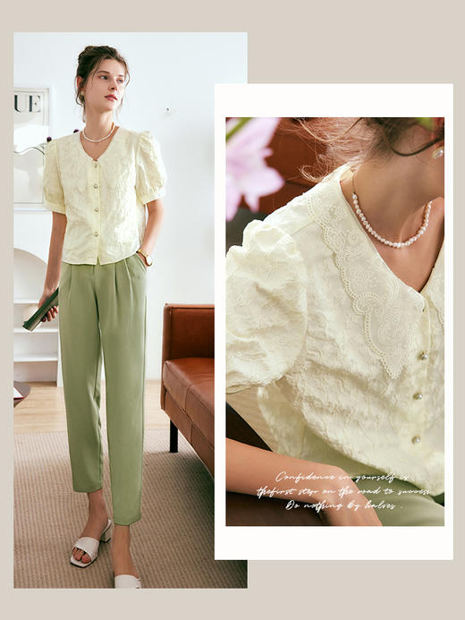 OLrain法式高级穿搭提花衬衫女夏季2022新款复古短款肌理优雅衬衣 商品图0