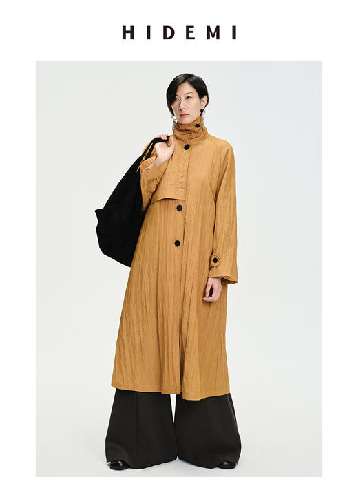 HIDEMI 简约微褶皱设计感廓形风衣 栗子色/黑色 商品图1