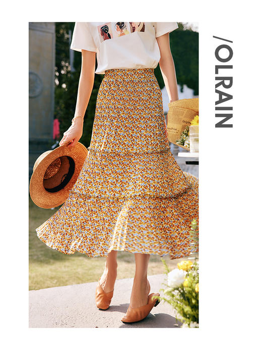 欧芮儿碎花雪纺半身裙女夏装2022新款高腰法式复古百褶薄中长伞裙 商品图3