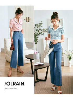 OLrain法式浅色牛仔裤女夏季2022新款高腰显瘦宽松直筒阔腿喇叭裤
