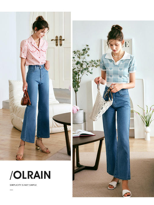OLrain法式浅色牛仔裤女夏季2022新款高腰显瘦宽松直筒阔腿喇叭裤 商品图0