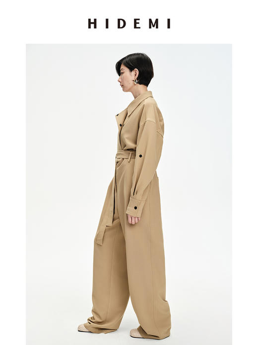 HIDEMI 卡其色风衣翻领工装设计感可拆卸腰带连体裤 商品图14