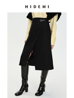 HIDEMI 黑色不对称开衩设计感拼皮扣半身裙皮裙