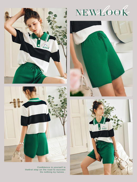OLrain法式条纹时尚套装女夏季2022新款宽松polo领短袖短裤两件套 商品图2