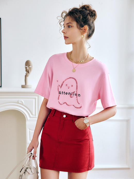 OLrain法式高级穿搭粉色短袖t恤女夏季2022年新款珠片绣宽松上衣 商品图3