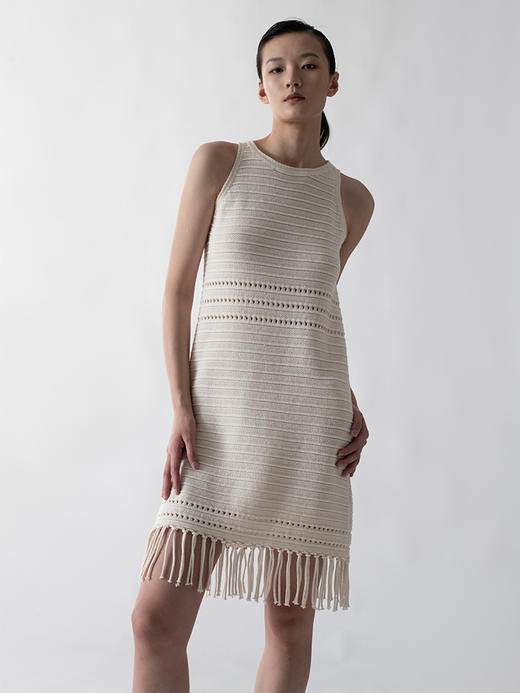 322工房手工流苏背心裙2022秋冬新款棉羊绒流苏针织镂空连衣裙女 商品图0