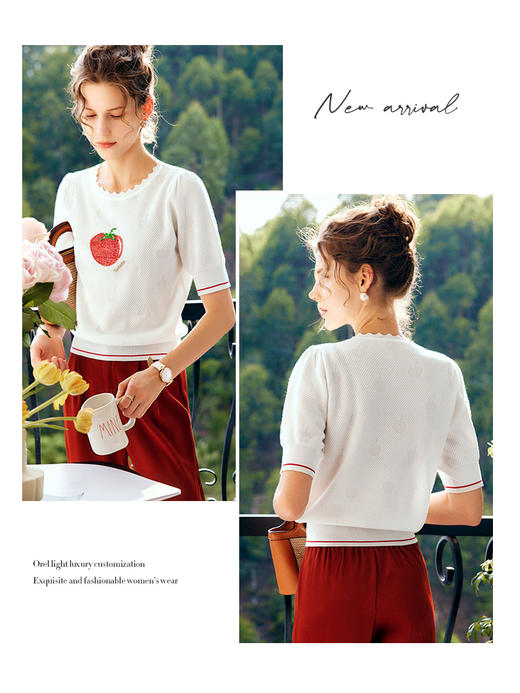 OLrain法式白色针织衫女夏季2022年新款珠片刺绣欧根纱冰丝套头衫 商品图3