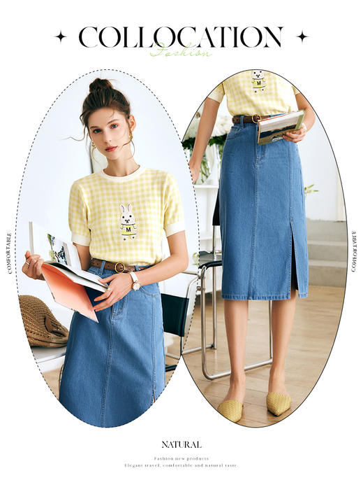 OLrain法式黄色格子短袖针织衫女夏季2022年新款宽松显瘦撞色上衣 商品图0