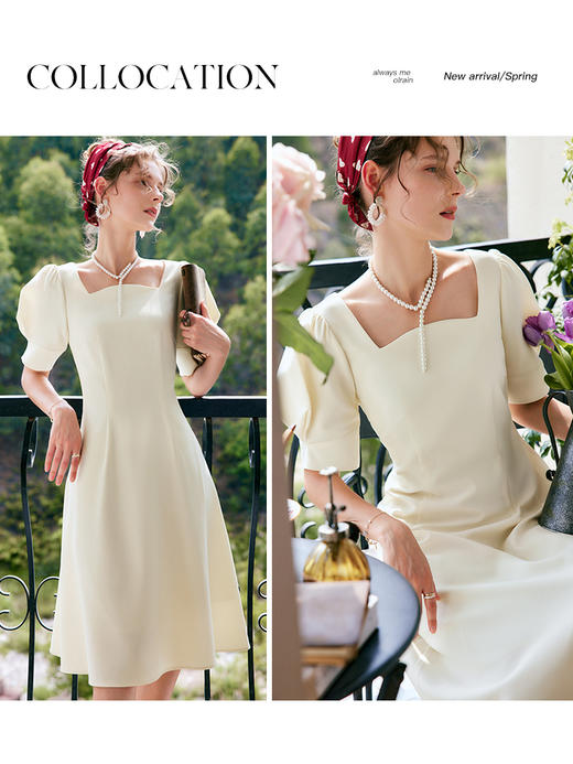 OLrain法式高级穿搭方领短袖连衣裙女夏季2022新款气质宫廷风裙子 商品图2