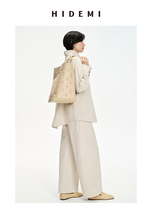 HIDEMI 立领纽扣口袋设计感自然厚款粗亚麻极简套装 上衣/九分裤 米杏色/黑色 商品图11