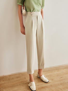 欧芮儿西装休闲裤女夏季2022年新款高腰时尚直筒翻边九分锥形裤子