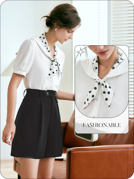 欧芮儿OLrain法式白色雪纺衫女夏季2022新款复古丝巾人字纹上衣 商品图2