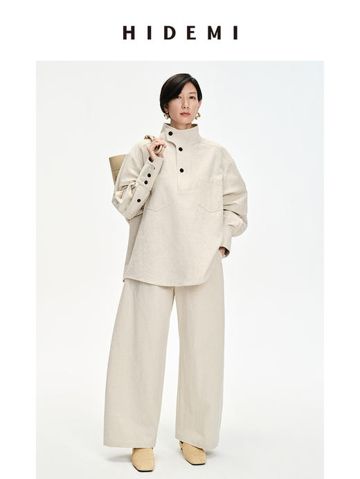 HIDEMI 立领纽扣口袋设计感自然厚款粗亚麻极简套装 上衣/九分裤 米杏色/黑色 商品图6