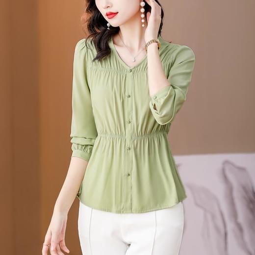 薄荷绿V领衬衫女收腰显瘦新款法式长袖衬衣设计感早秋上衣KQLB41N3936 商品图2