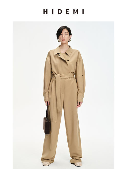 HIDEMI 卡其色风衣翻领工装设计感可拆卸腰带连体裤 商品图4