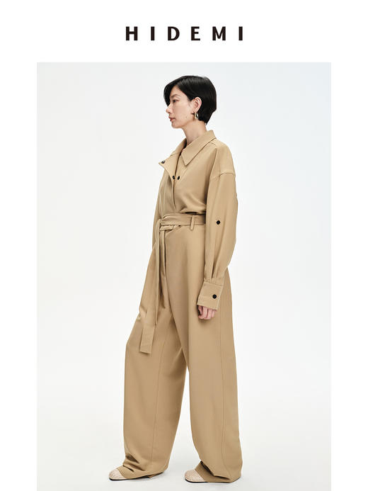 HIDEMI 卡其色风衣翻领工装设计感可拆卸腰带连体裤 商品图12