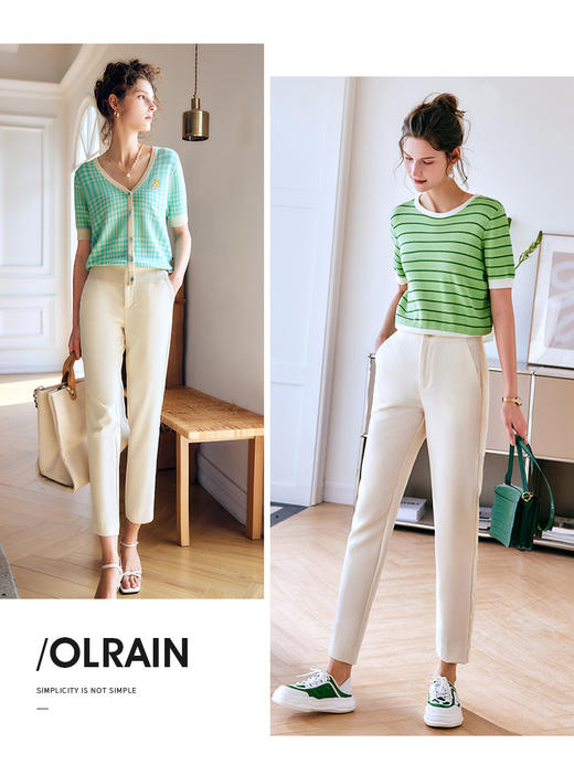 欧芮儿OLrain法式白色休闲裤女夏季2022新款高腰直筒九分西装裤 商品图1