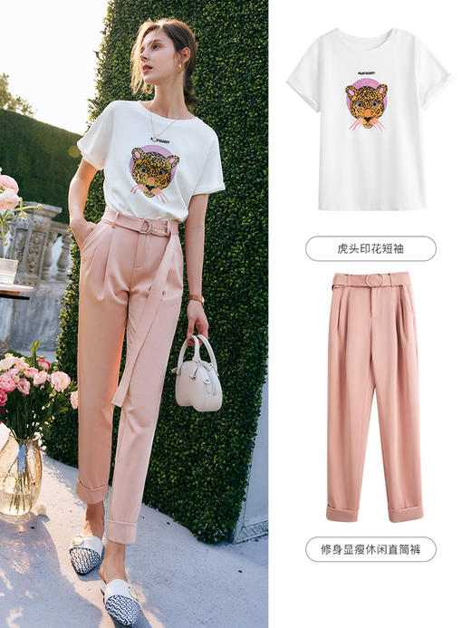 欧芮儿白色短袖t恤女夏季2022新款宽松时尚虎头印花圆领休闲上衣 商品图0