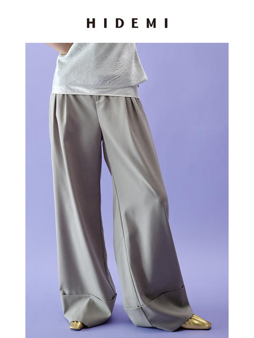 HIDEMI 简约设计感卷边直筒裤 灰色/藕粉色 商品图5